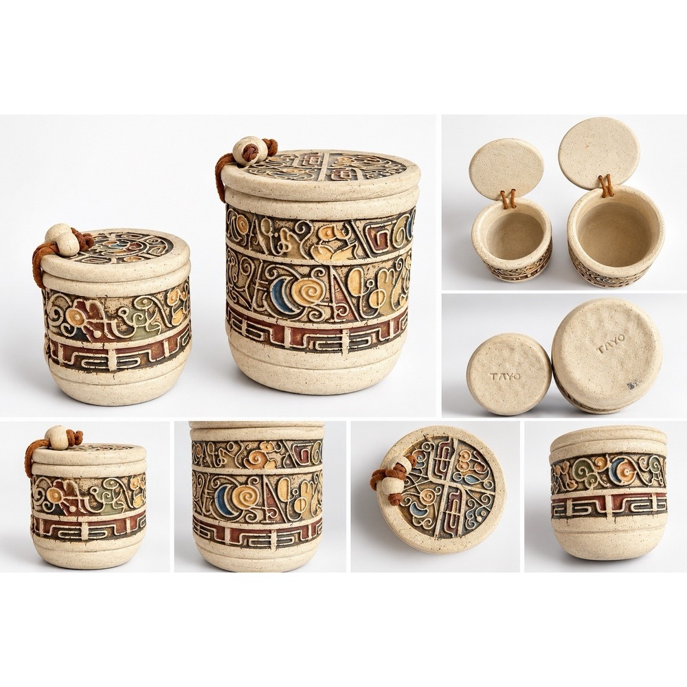 Vintage TAYO Mini Pottery Trinket Jars Set of 2 Carved Aztec Mayan Style Lidded